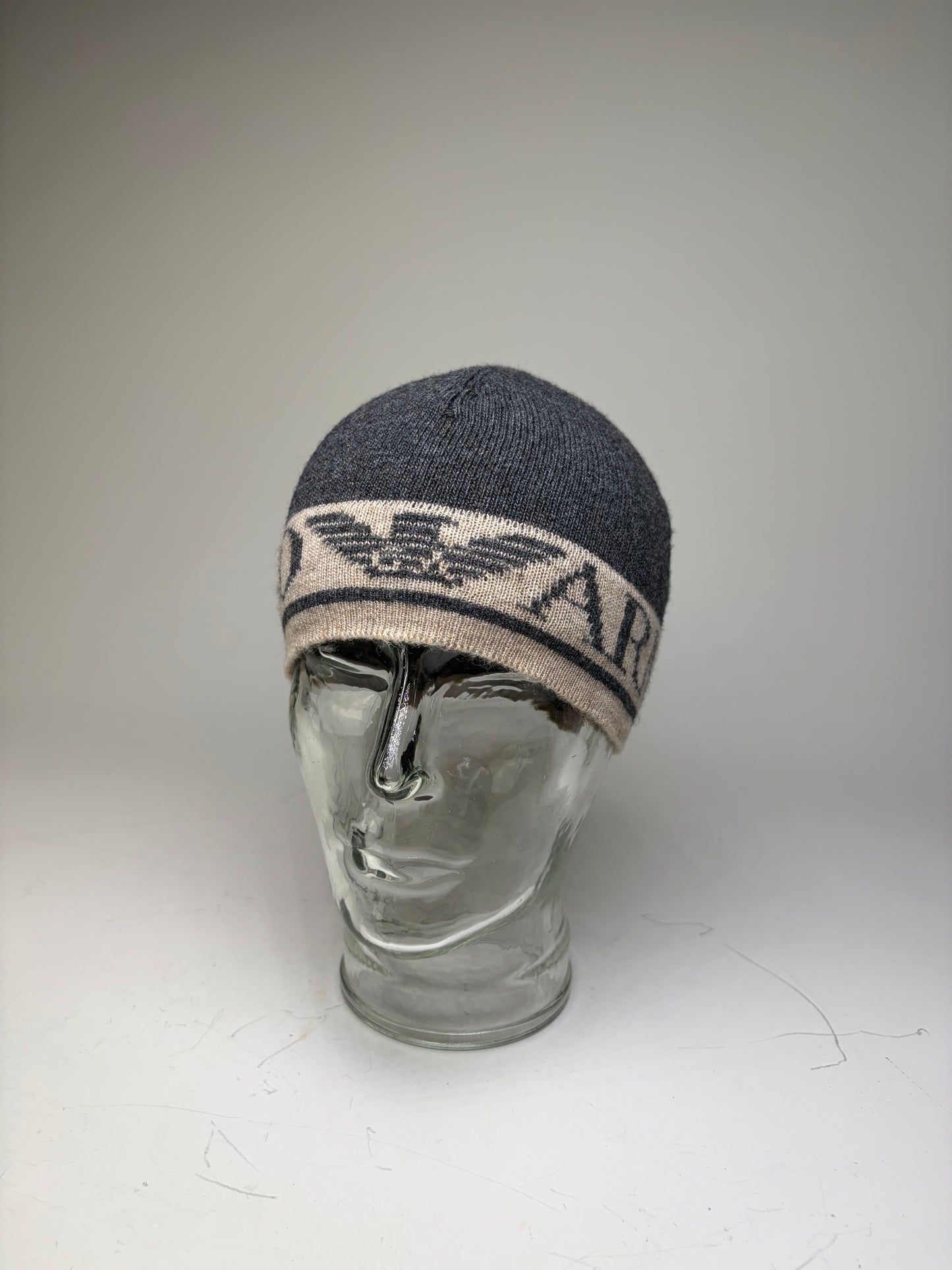 Vintage Armani Wool Blend Logo Band Beanie Dark Grey Beige