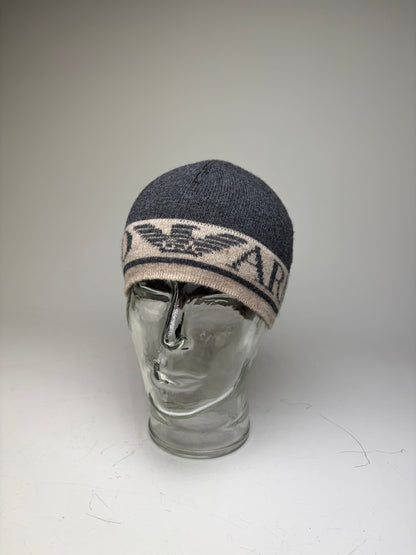 Vintage Armani Wool Blend Logo Band Beanie Dark Grey Beige
