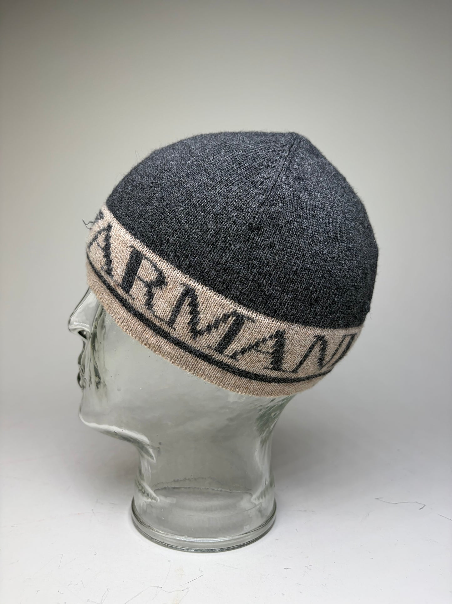 Vintage Armani Wool Blend Logo Band Beanie Dark Grey Beige