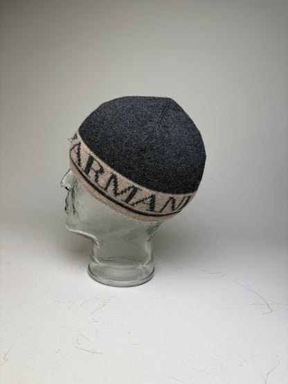 Vintage Armani Wool Blend Logo Band Beanie Dark Grey Beige
