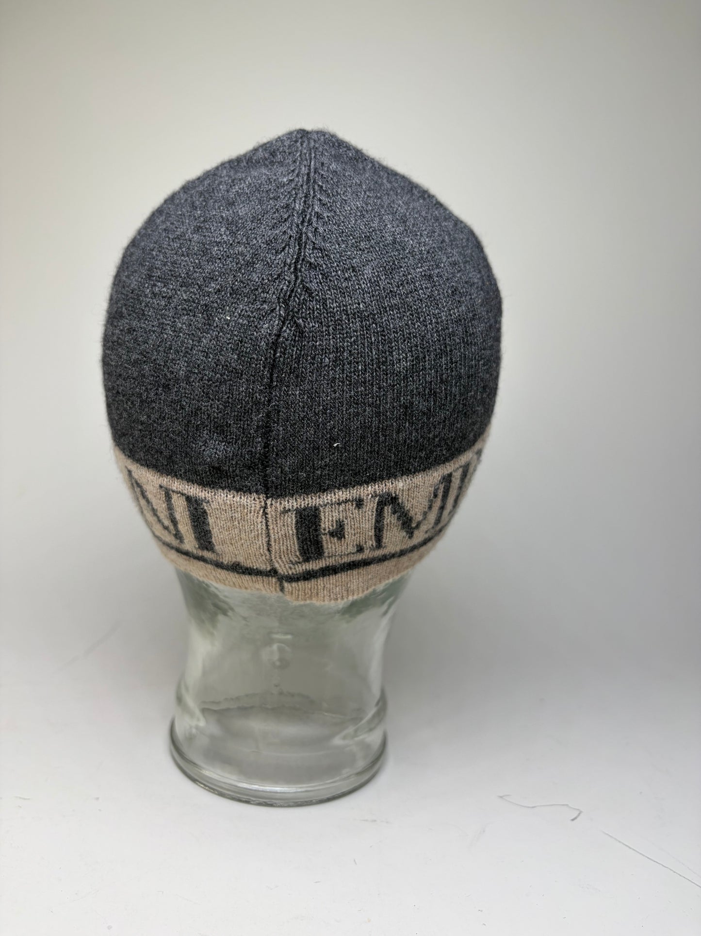 Vintage Armani Wool Blend Logo Band Beanie Dark Grey Beige