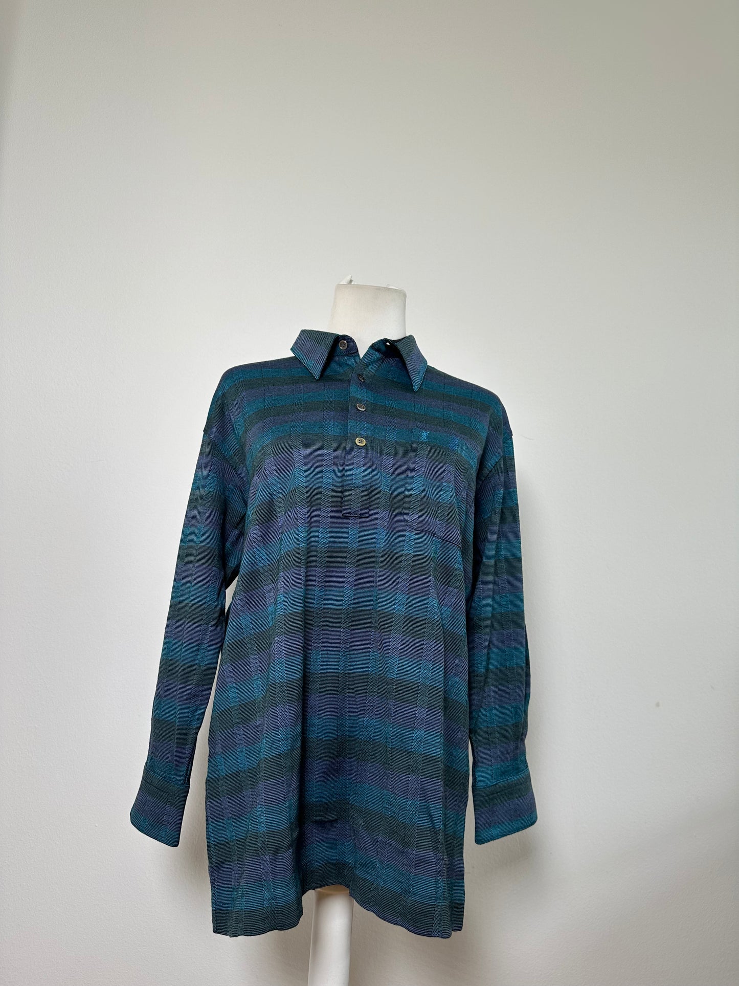 Vintage Saint Laurent Cotton Polo Shirt Teal Navy Grey XL