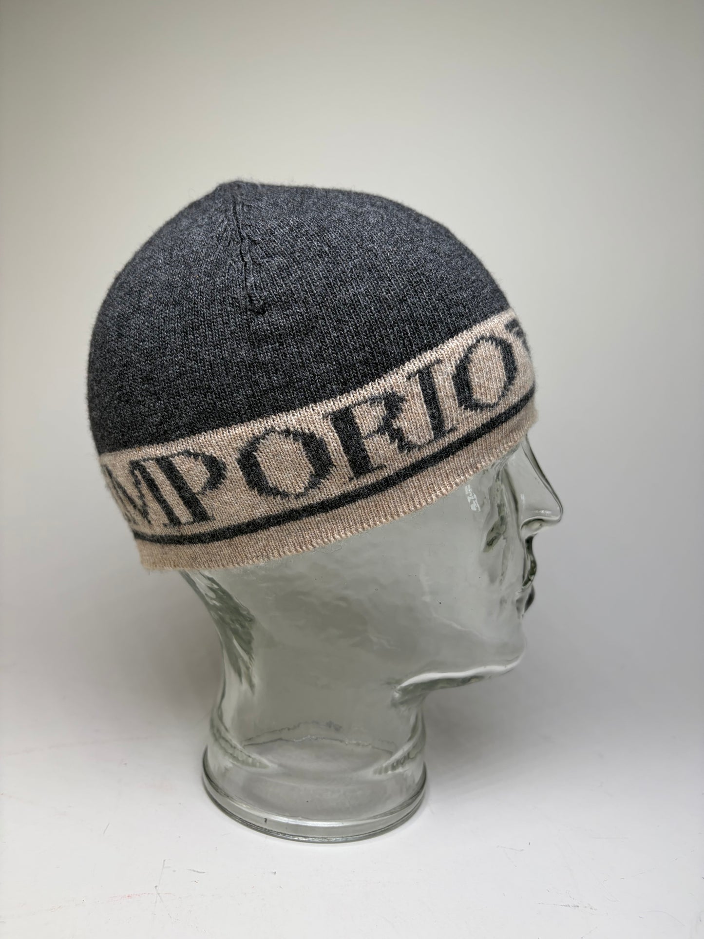Vintage Armani Wool Blend Logo Band Beanie Dark Grey Beige