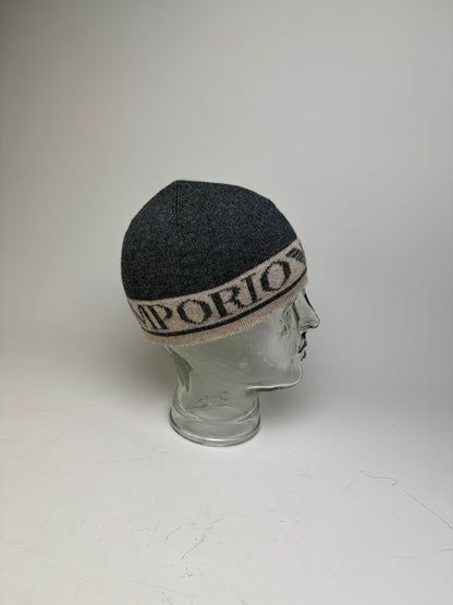 Vintage Armani Wool Blend Logo Band Beanie Dark Grey Beige