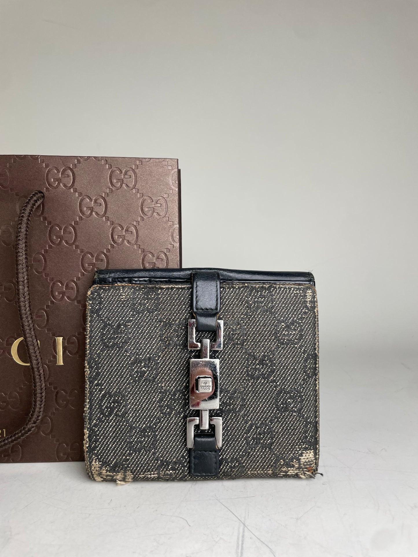 Vintage Gucci GG Monogram Canvas Wallet Black Grey Silver
