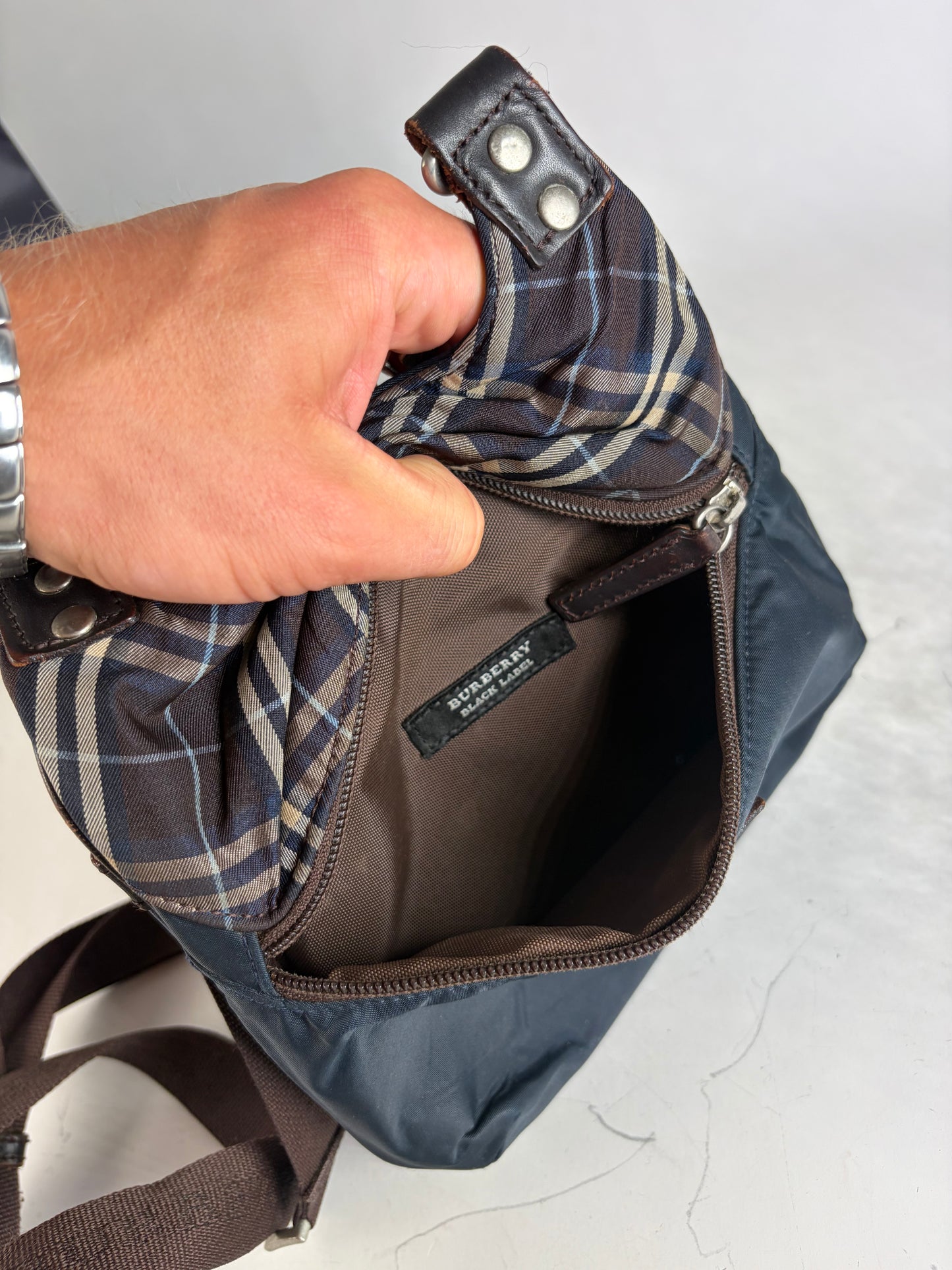Vintage Burberry Coated Canvas Shoulder Bag Navy Brown