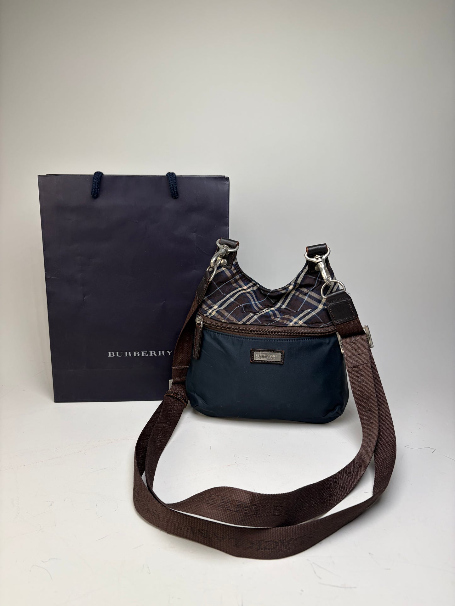 Vintage Burberry Coated Canvas Shoulder Bag Navy Brown