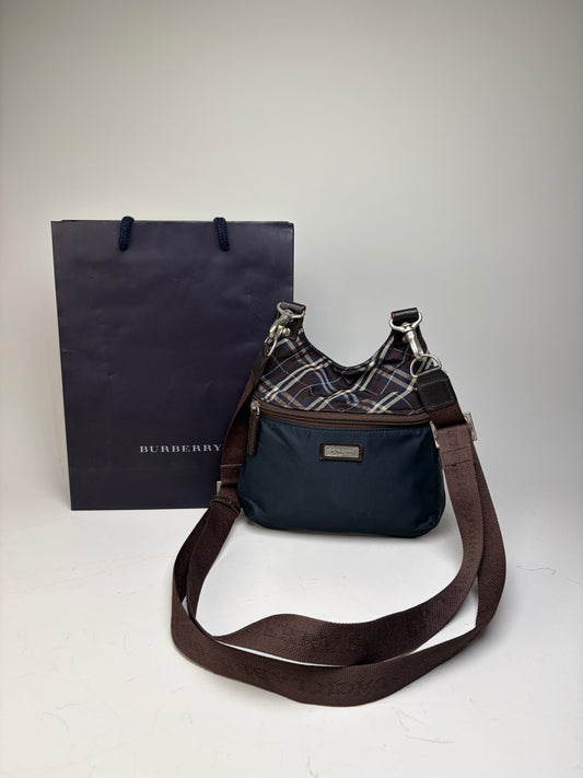 Vintage Burberry Coated Canvas Shoulder Bag Navy Brown