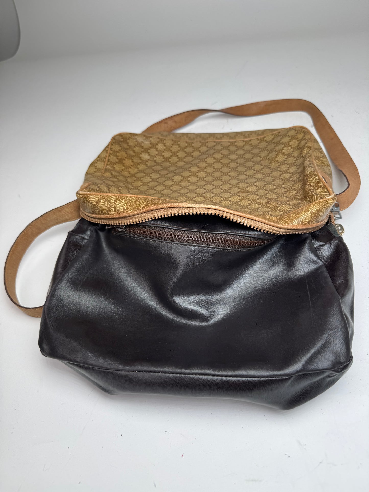 Vintage Celine Paris Patent Leather Triomphe Monogram Bag Brown