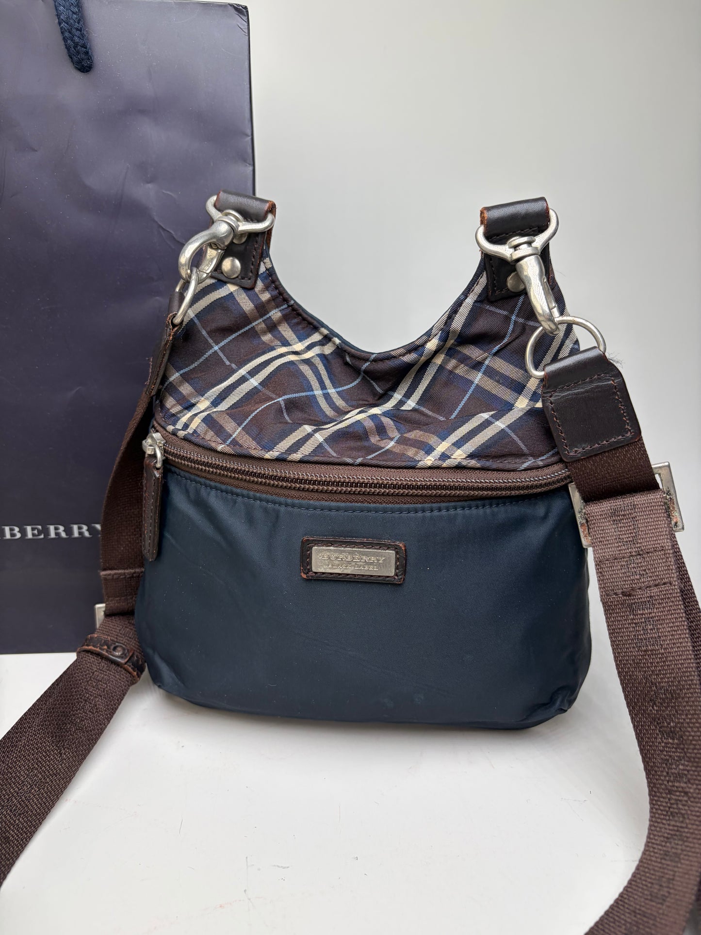 Vintage Burberry Coated Canvas Shoulder Bag Navy Brown