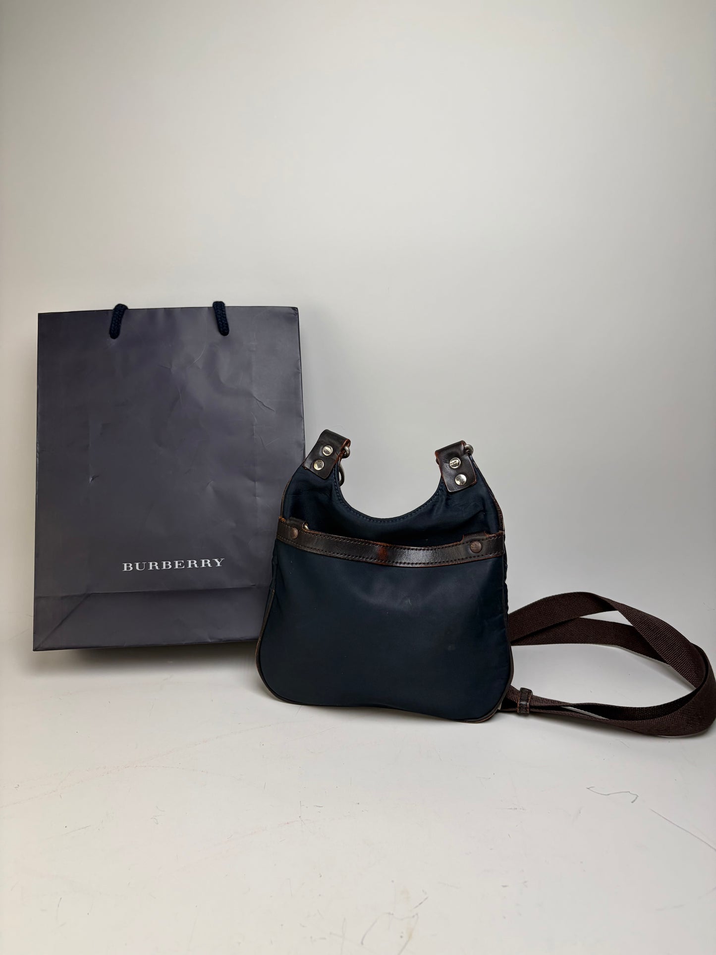 Vintage Burberry Coated Canvas Shoulder Bag Navy Brown