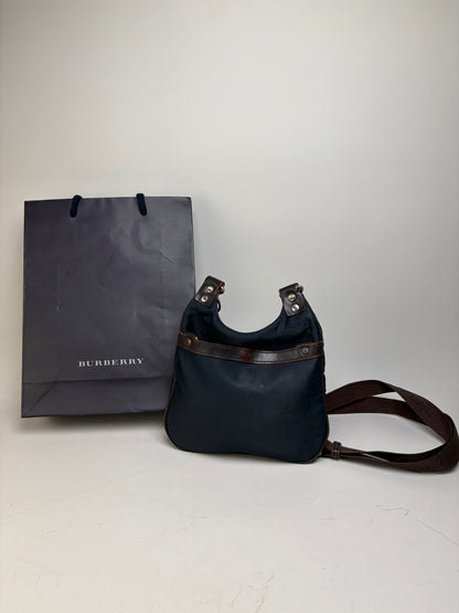 Vintage Burberry Coated Canvas Shoulder Bag Navy Brown