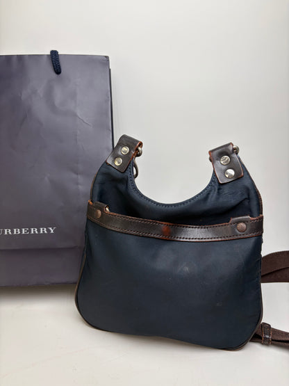 Vintage Burberry Coated Canvas Shoulder Bag Navy Brown