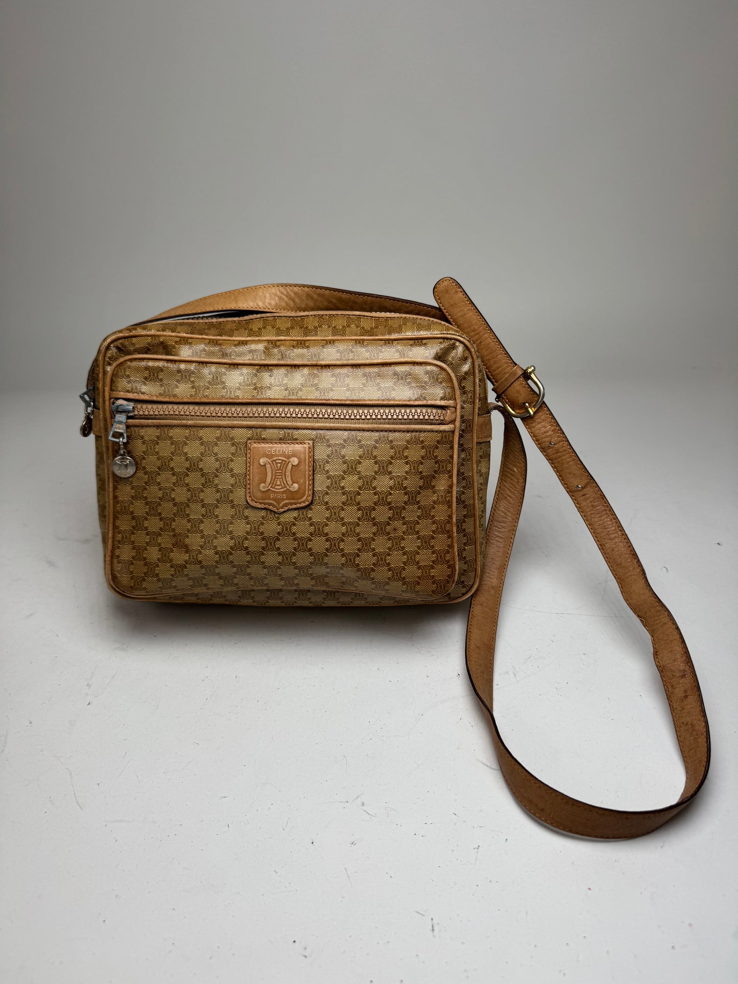 Vintage Celine Paris Patent Leather Triomphe Monogram Bag Brown