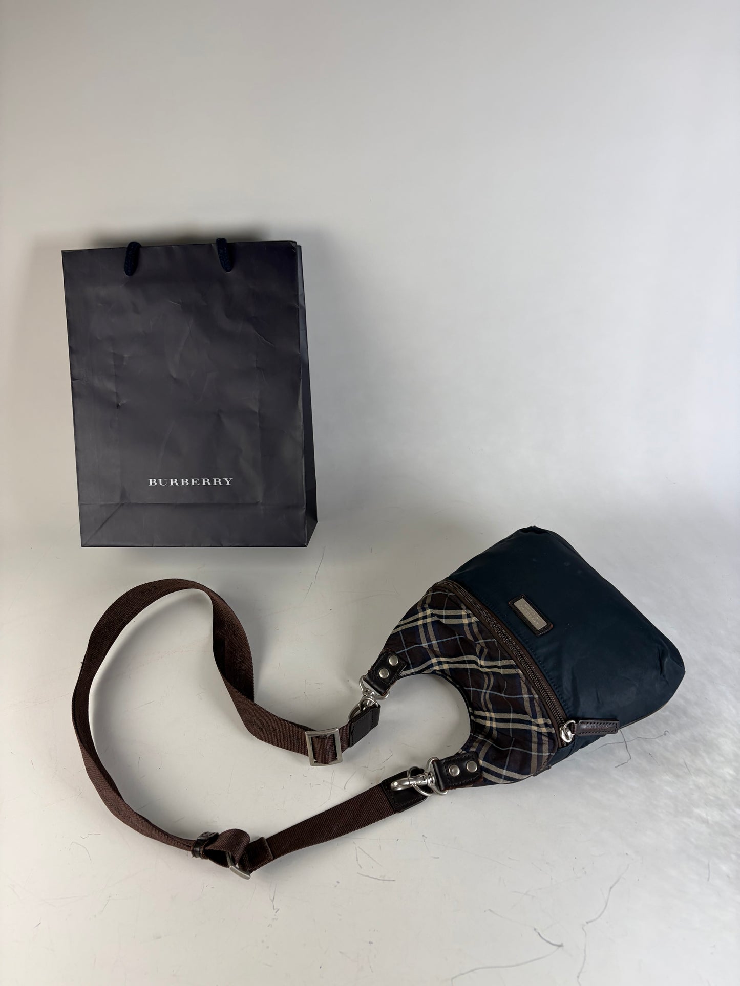Vintage Burberry Coated Canvas Shoulder Bag Navy Brown