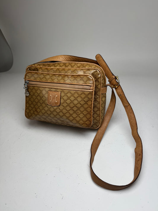 Vintage Celine Paris Patent Leather Triomphe Monogram Bag Brown