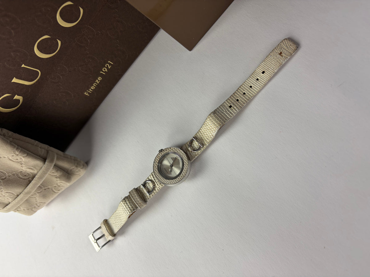 Vintage Gucci Leather Strap Watch c. 2000s Cream Silver