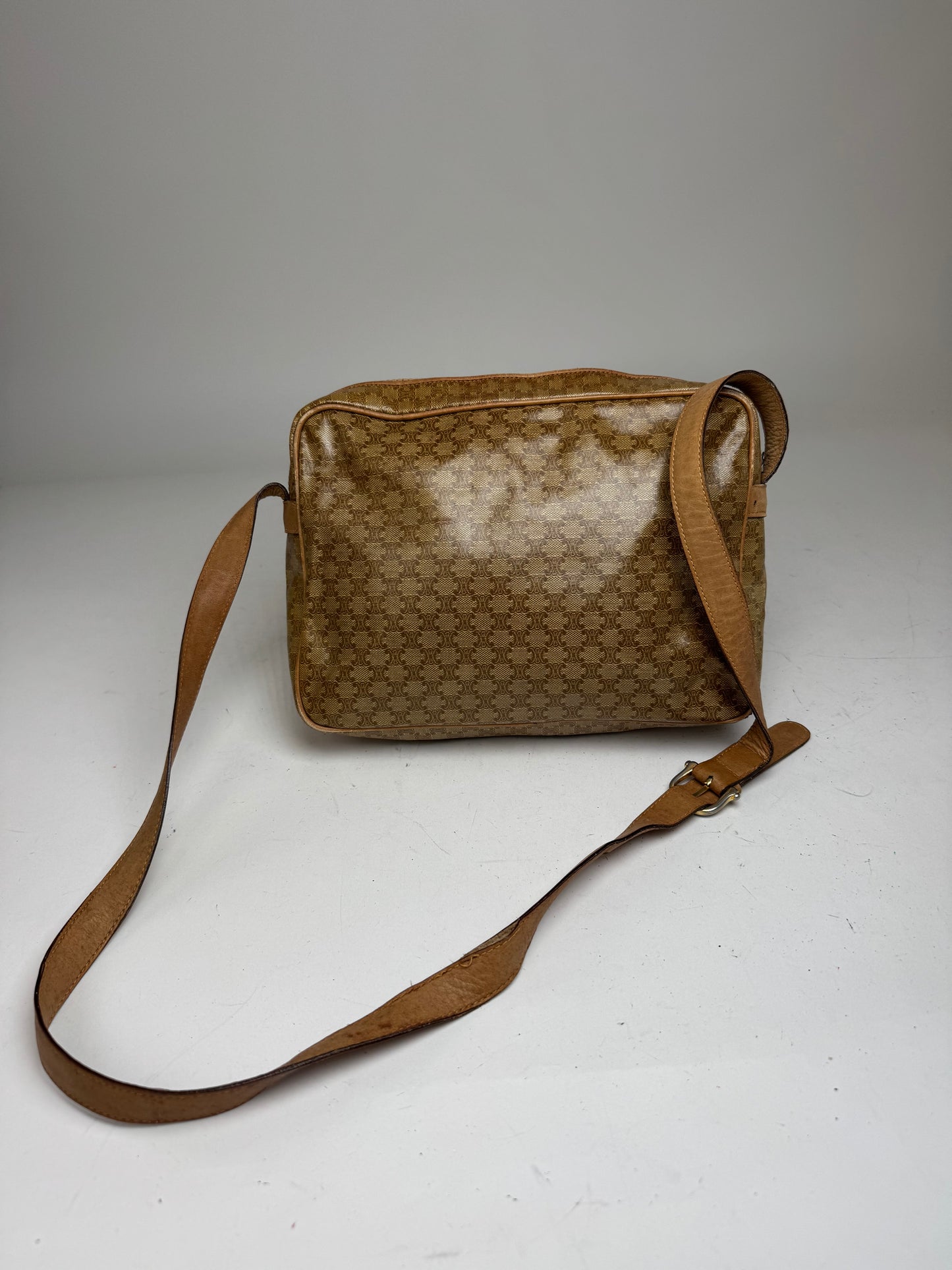 Vintage Celine Paris Patent Leather Triomphe Monogram Bag Brown
