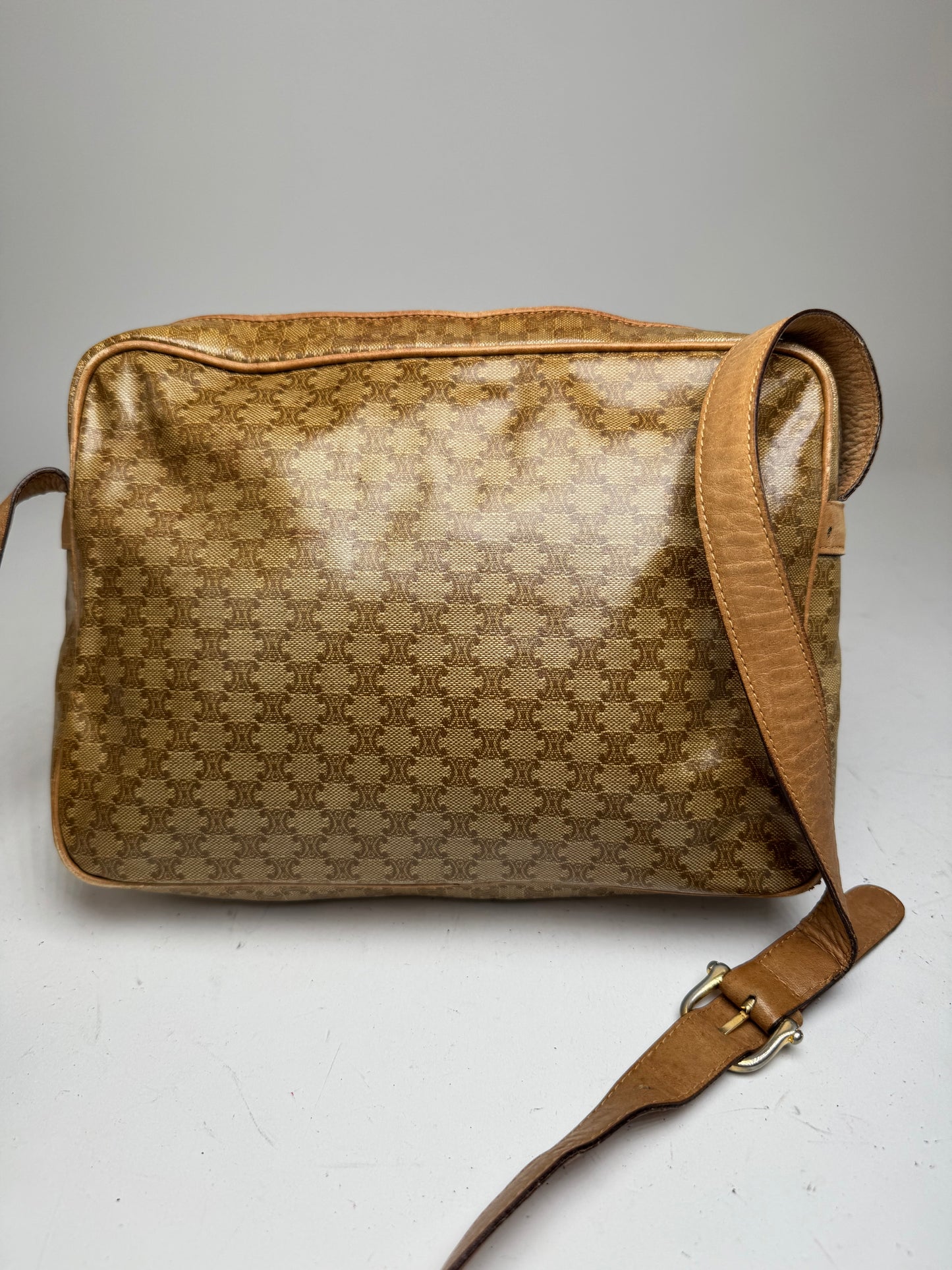 Vintage Celine Paris Patent Leather Triomphe Monogram Bag Brown