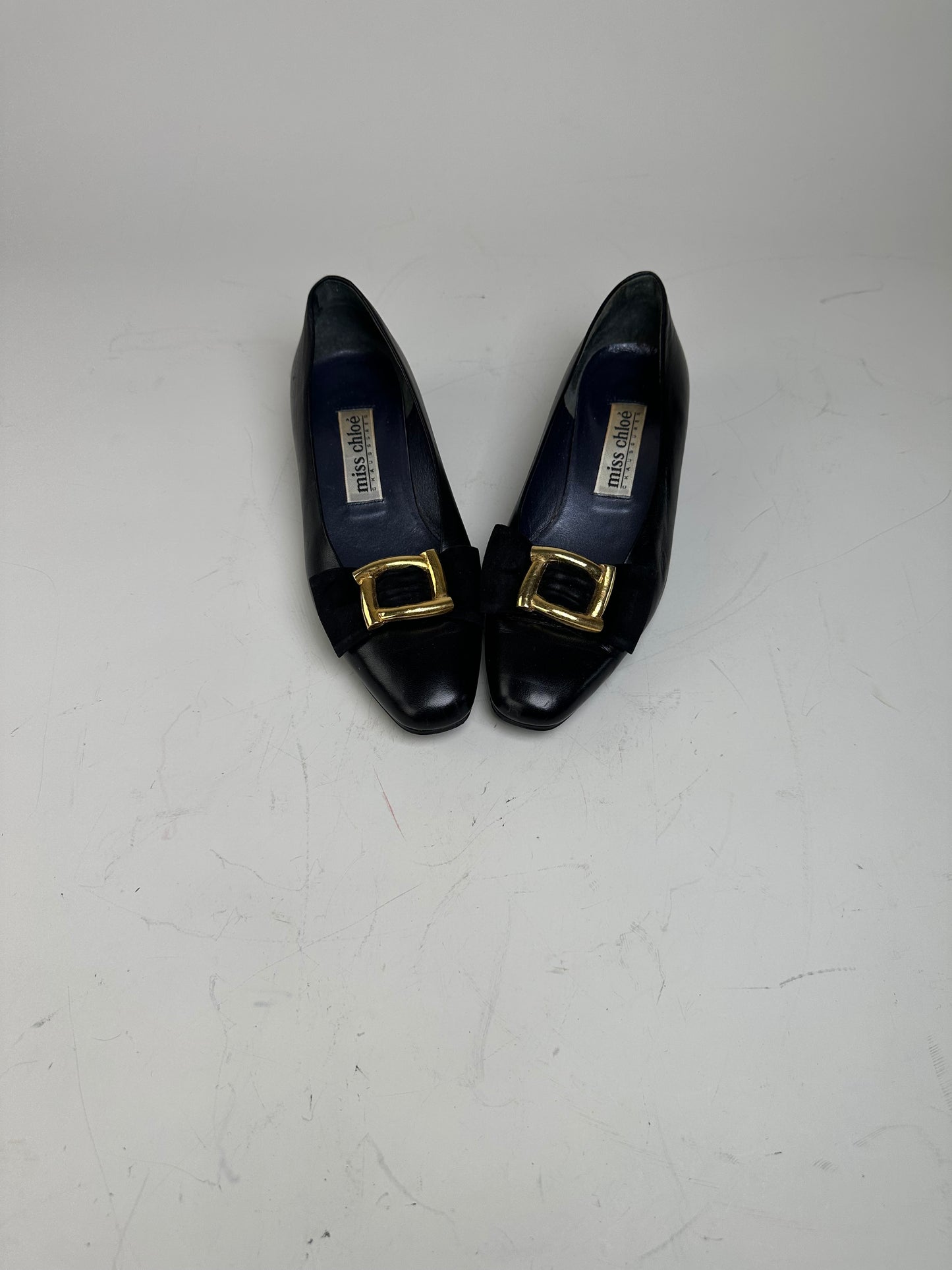 Vintage Chloe Leather Suede Buckle Flats Black Gold EU35.5