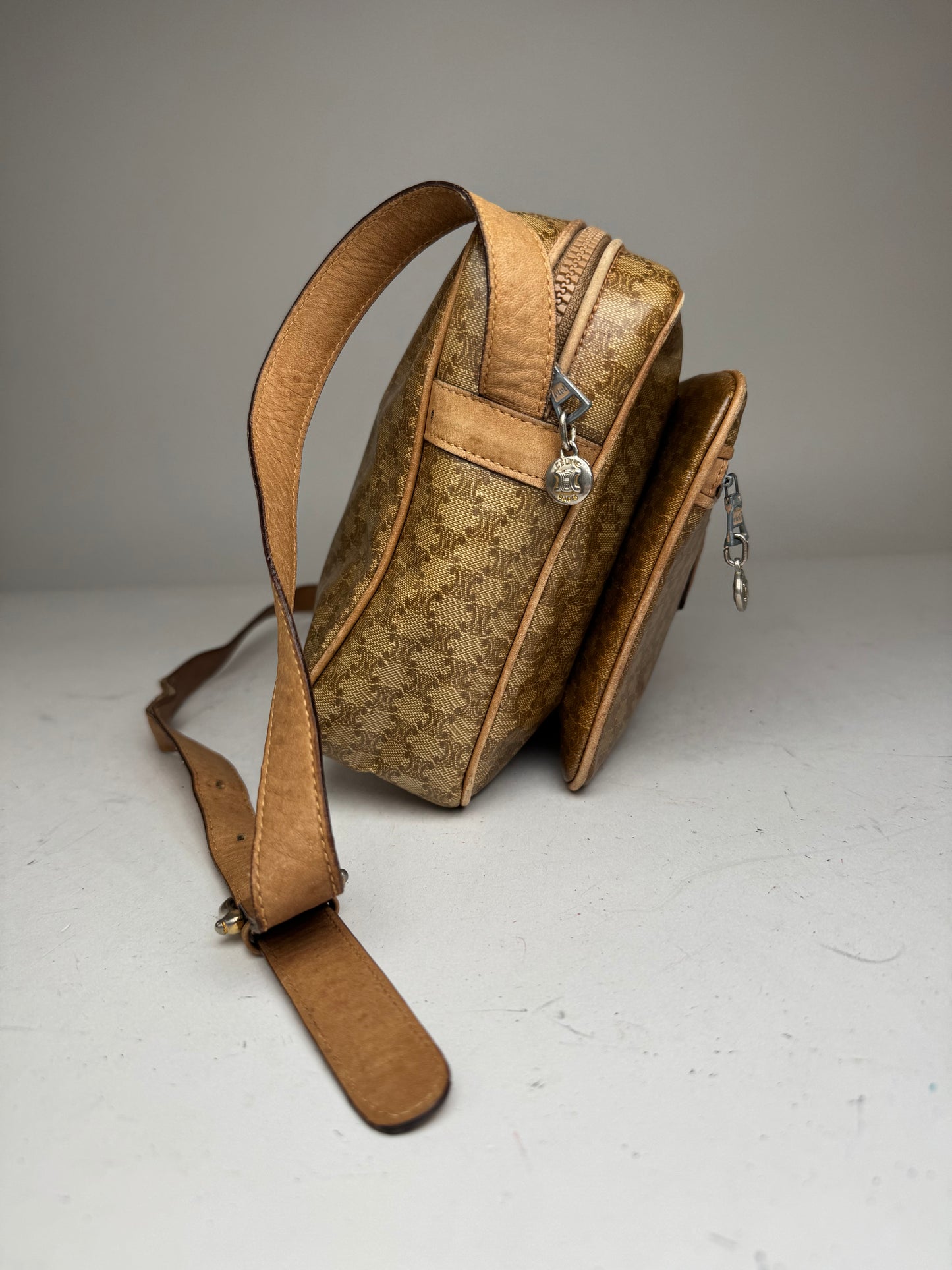 Vintage Celine Paris Patent Leather Triomphe Monogram Bag Brown
