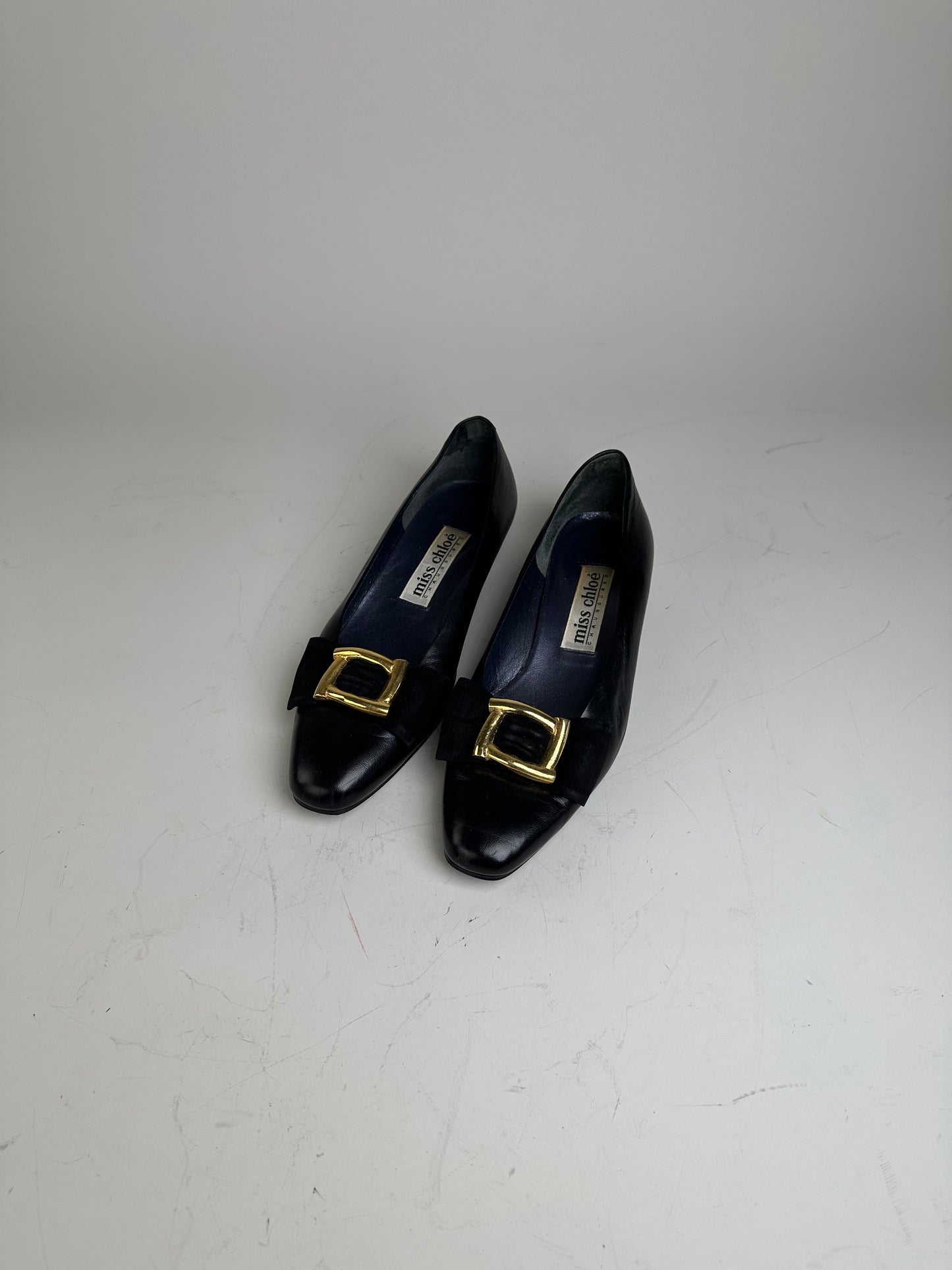 Vintage Chloe Leather Suede Buckle Flats Black Gold EU35.5