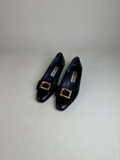 Vintage Chloe Leather Suede Buckle Flats Black Gold EU35.5