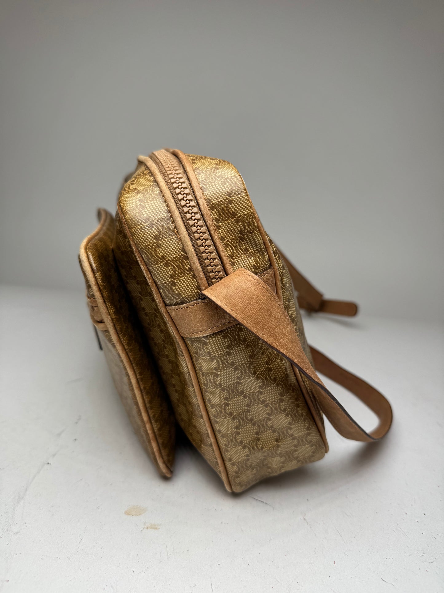 Vintage Celine Paris Patent Leather Triomphe Monogram Bag Brown