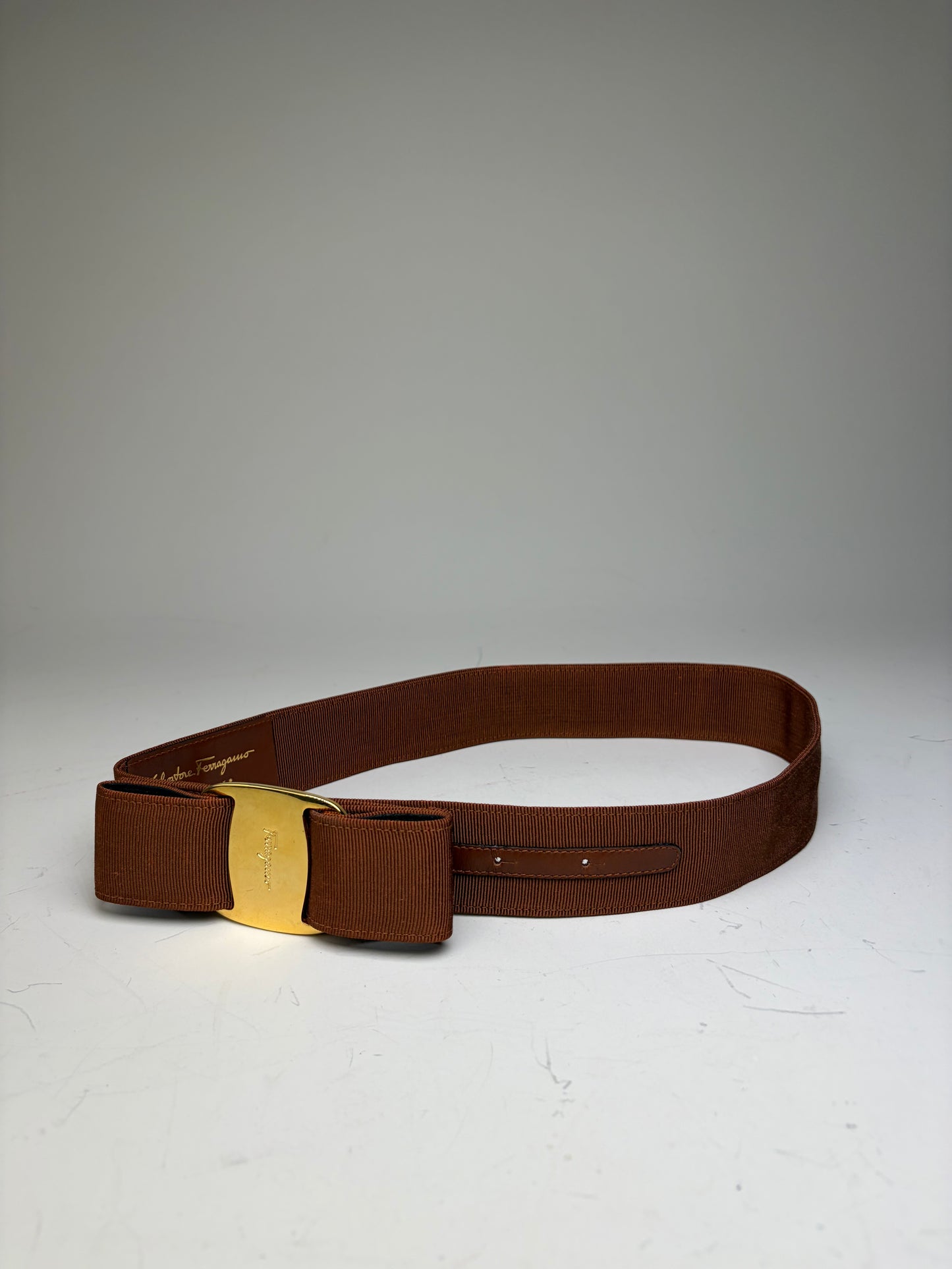 Vintage Ferragamo Grosgrain Leather Trim Belt Brown Gold