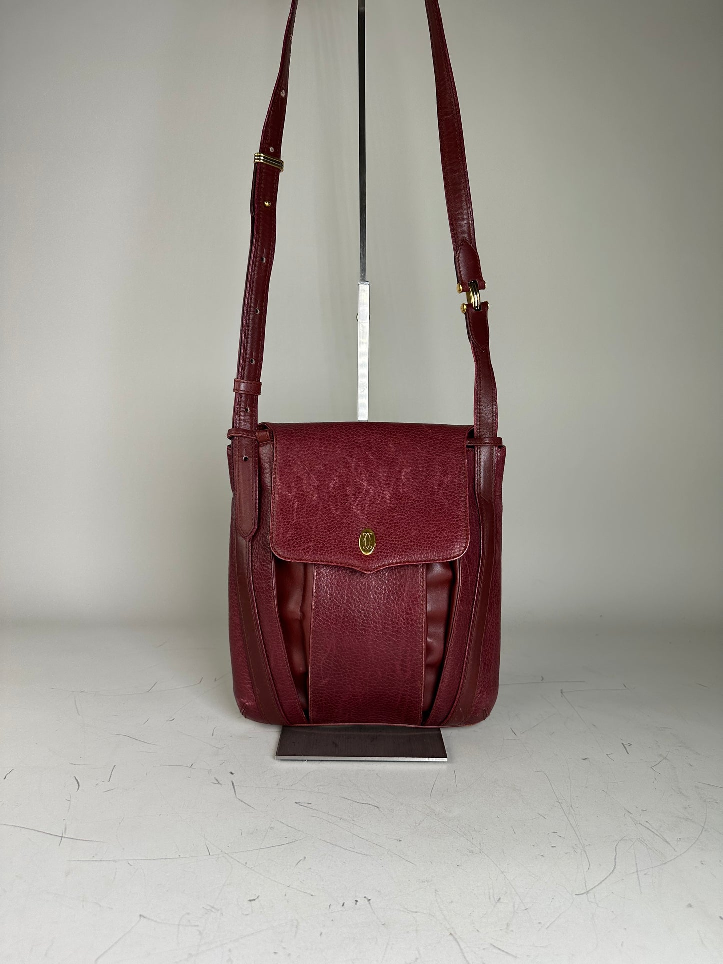 Vintage Cartier Textured Leather Shoulder Bag Burgundy Gold