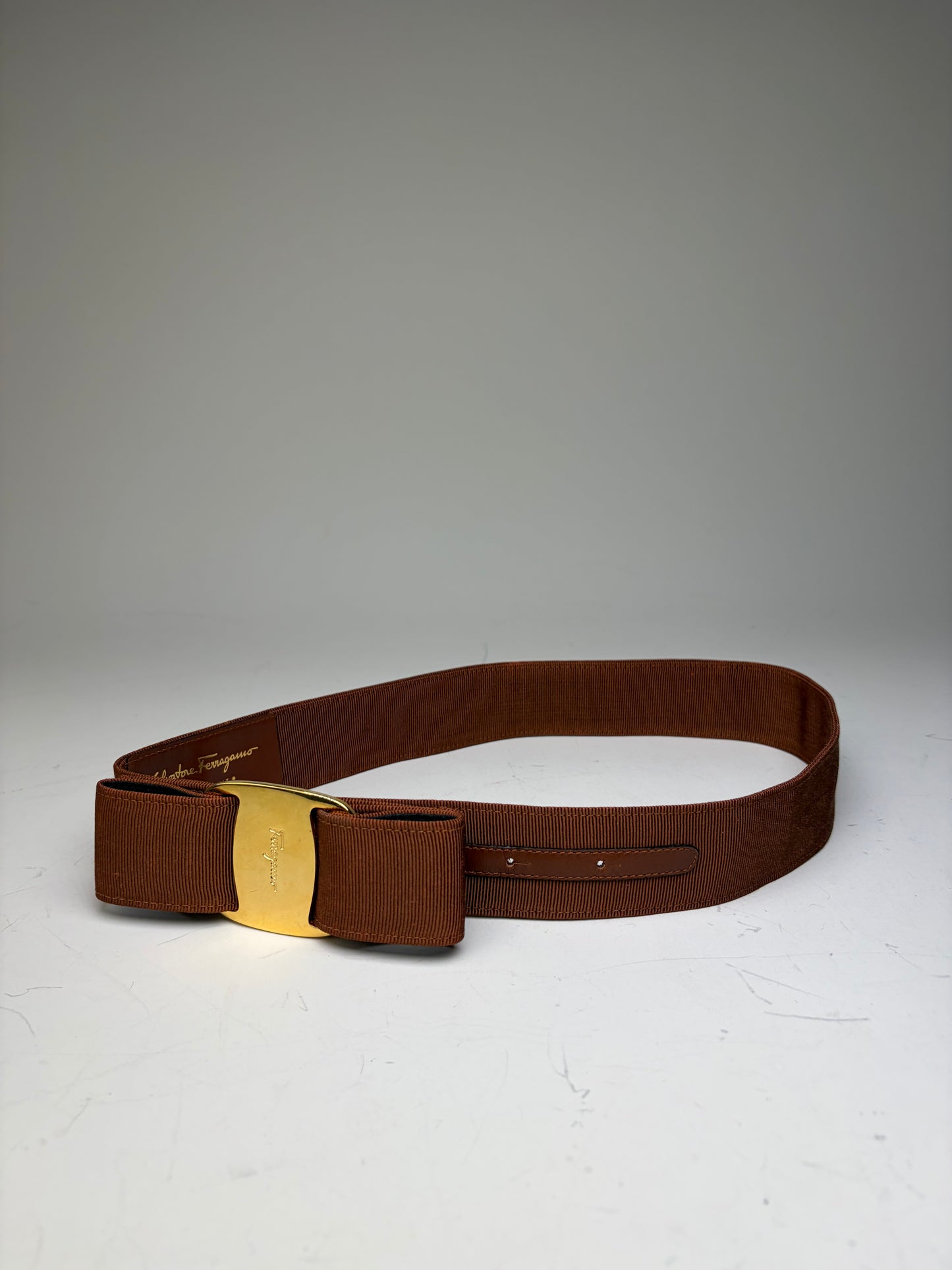 Vintage Ferragamo Grosgrain Leather Trim Belt Brown Gold
