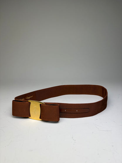 Vintage Ferragamo Grosgrain Leather Trim Belt Brown Gold