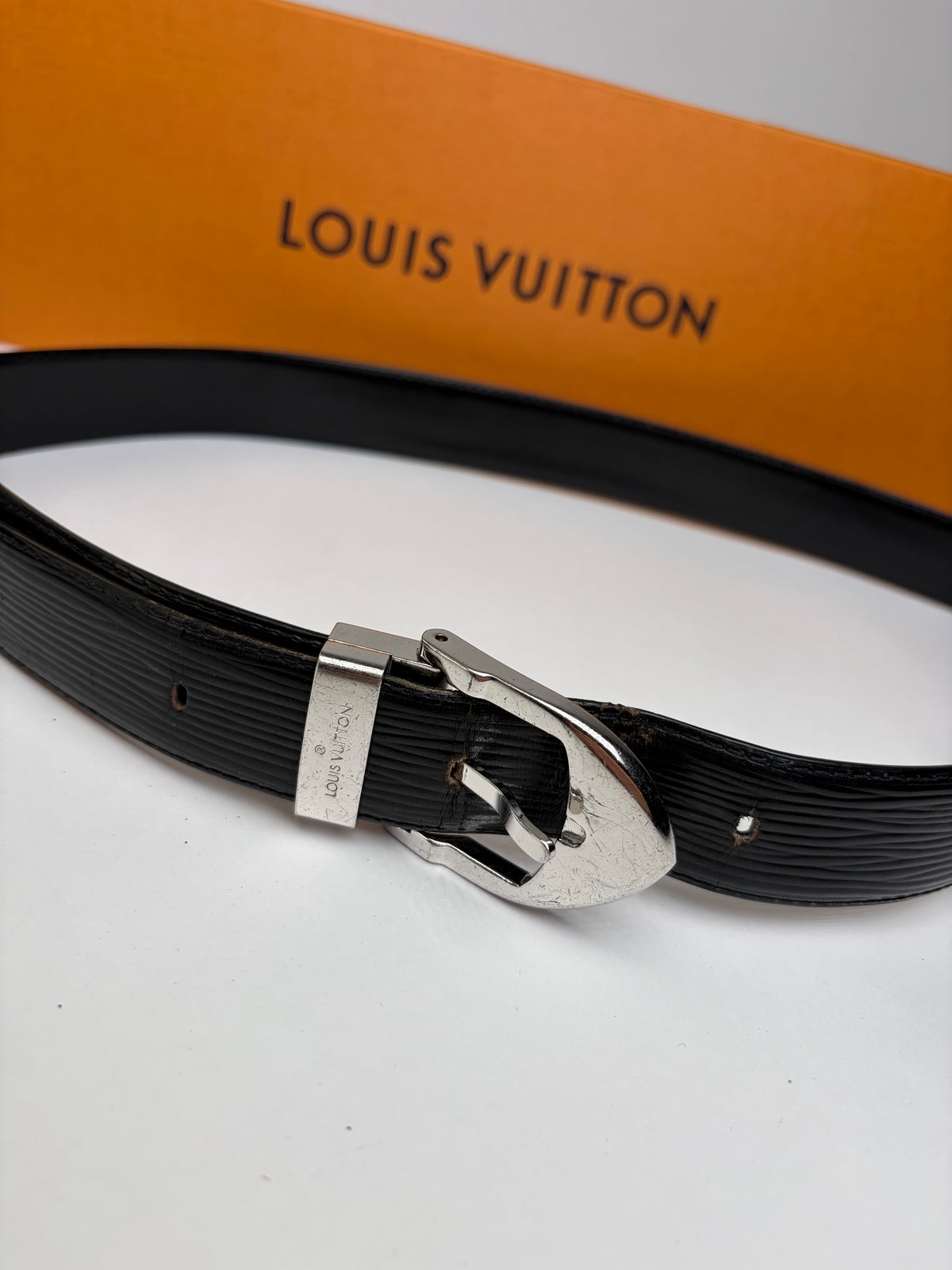 Vintage Louis Vuitton Epi Leather Belt Black Silver