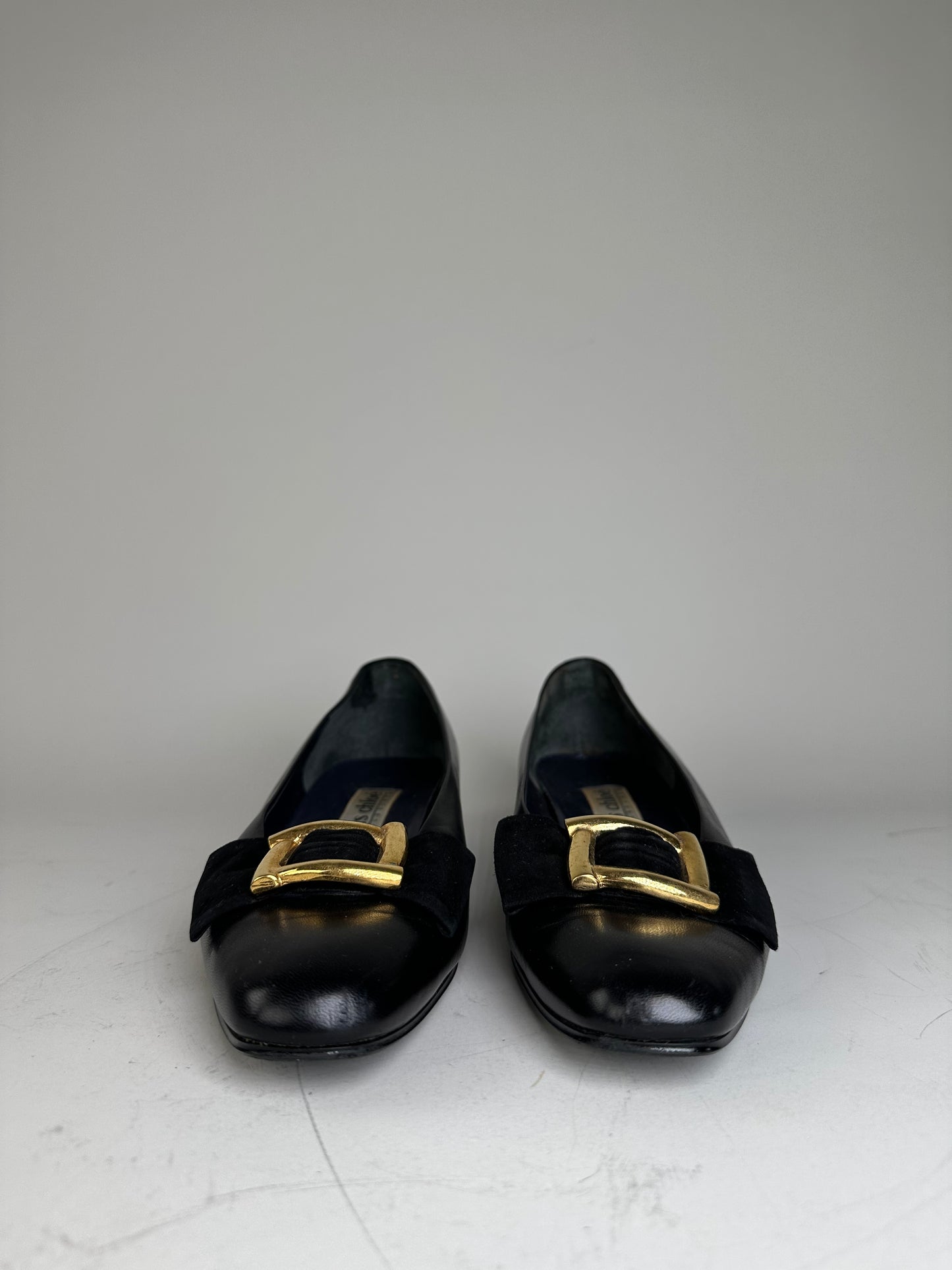 Vintage Chloe Leather Suede Buckle Flats Black Gold EU35.5