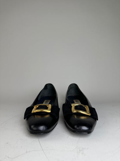Vintage Chloe Leather Suede Buckle Flats Black Gold EU35.5
