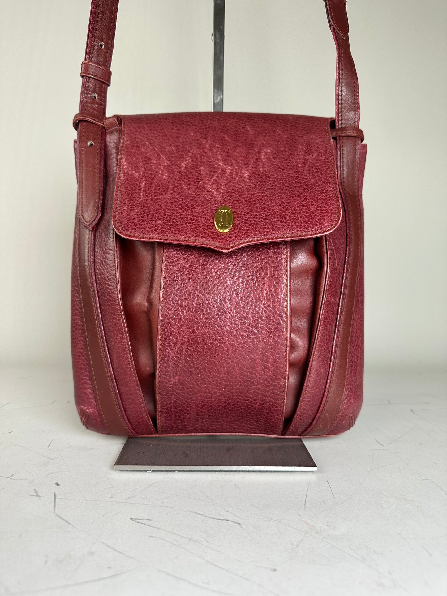 Vintage Cartier Textured Leather Shoulder Bag Burgundy Gold
