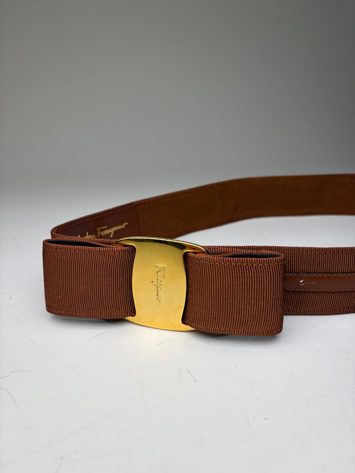 Vintage Ferragamo Grosgrain Leather Trim Belt Brown Gold
