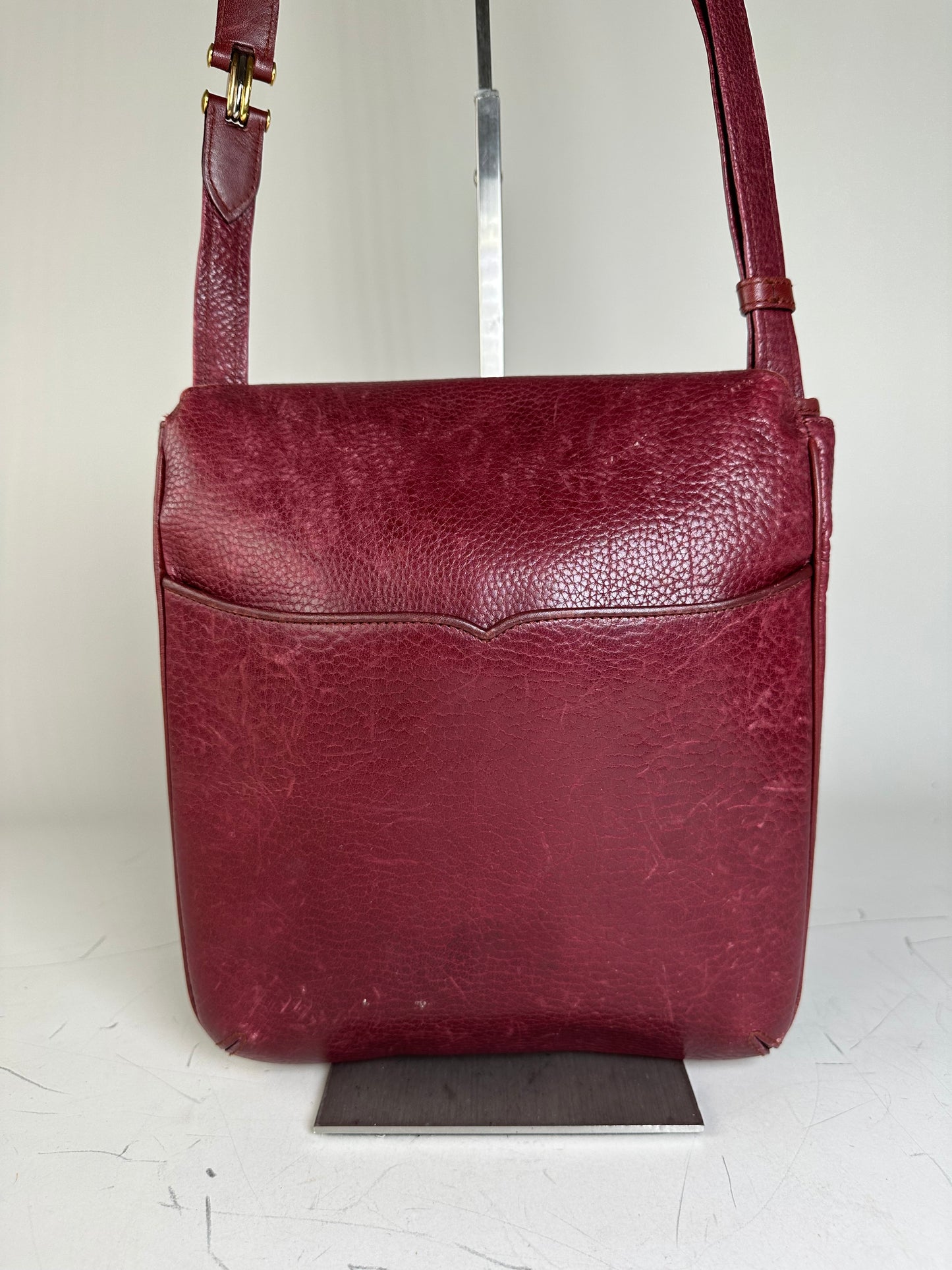 Vintage Cartier Textured Leather Shoulder Bag Burgundy Gold
