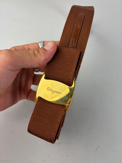 Vintage Ferragamo Grosgrain Leather Trim Belt Brown Gold