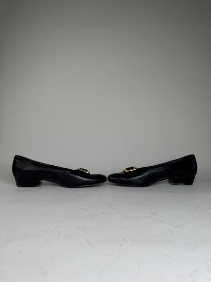 Vintage Chloe Leather Suede Buckle Flats Black Gold EU35.5