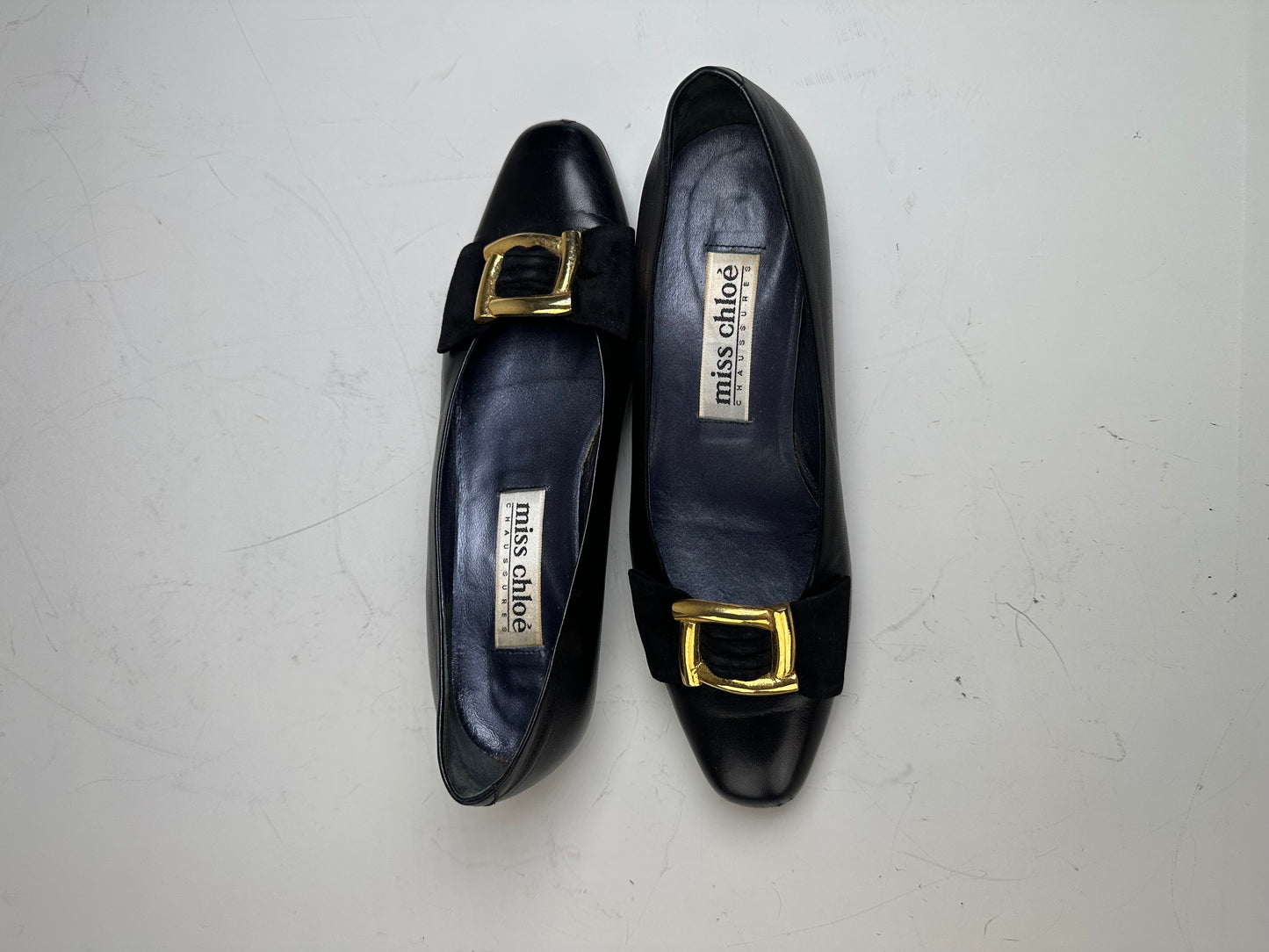 Vintage Chloe Leather Suede Buckle Flats Black Gold EU35.5