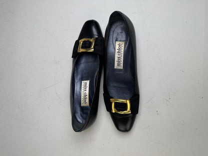 Vintage Chloe Leather Suede Buckle Flats Black Gold EU35.5