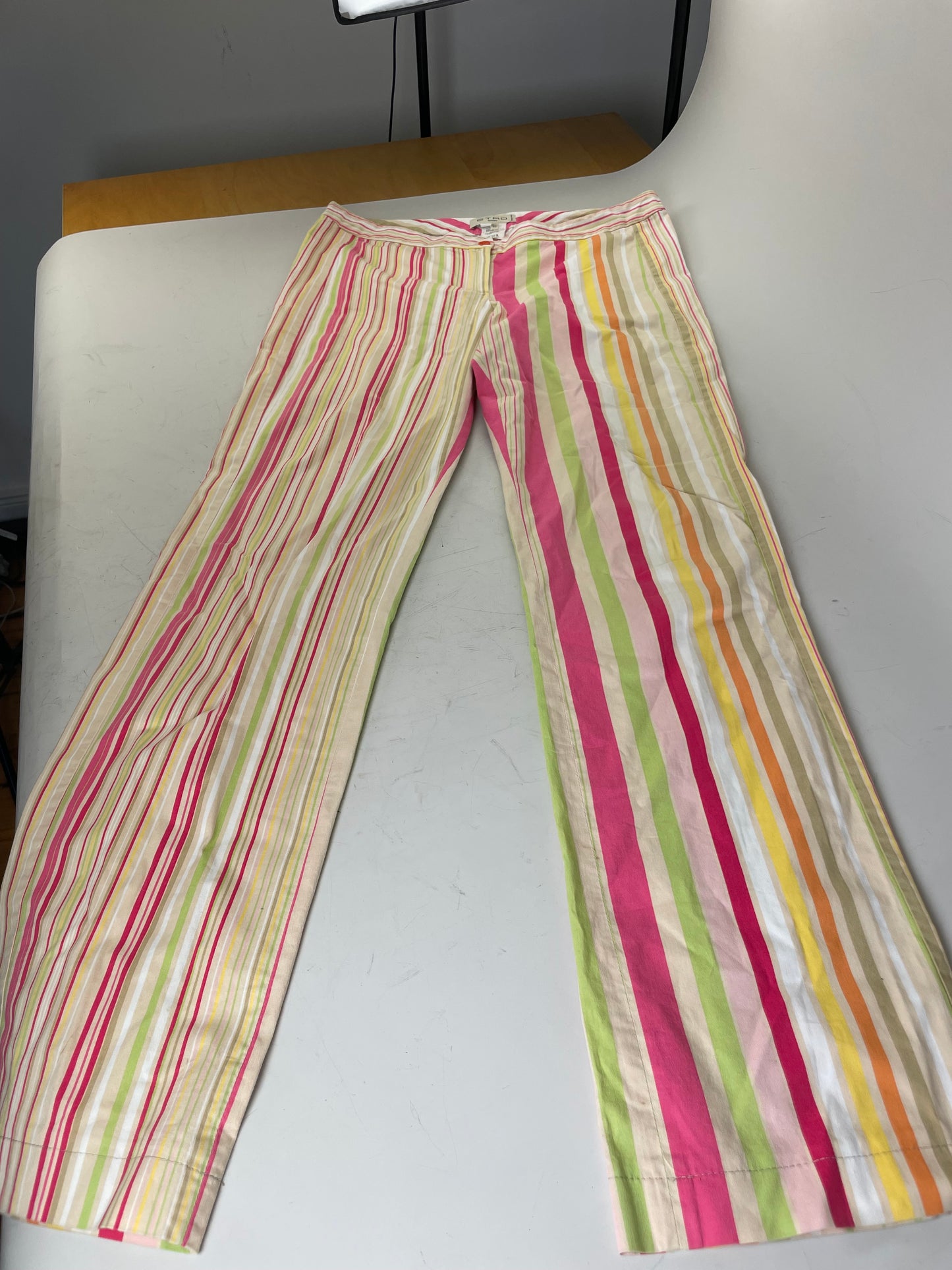 Vintage Etro Striped Cotton Trousers Pink Yellow Green XL