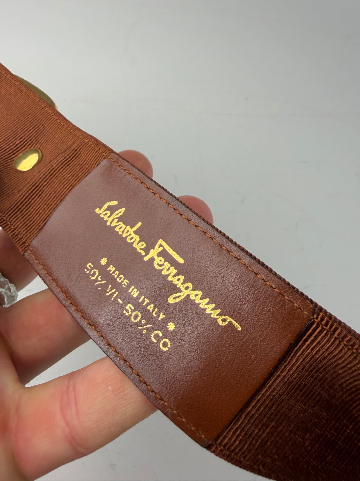 Vintage Ferragamo Grosgrain Leather Trim Belt Brown Gold