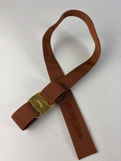 Vintage Ferragamo Grosgrain Leather Trim Belt Brown Gold