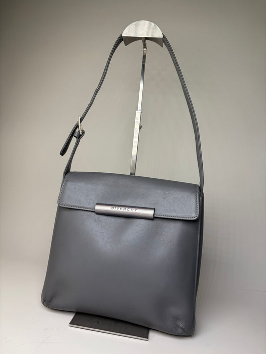 Vintage Givenchy Smooth Leather Shoulder Bag Grey Silver