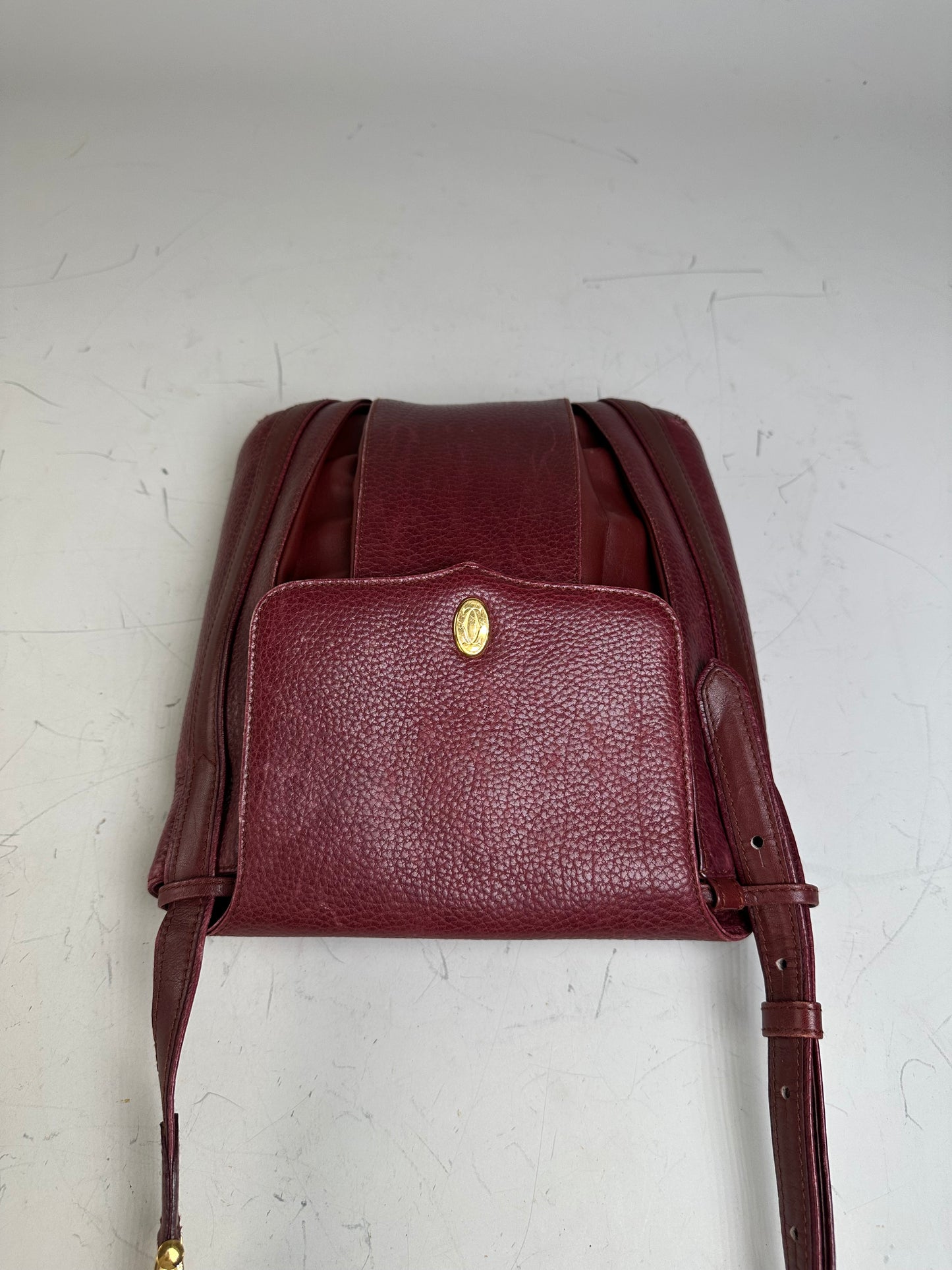 Vintage Cartier Textured Leather Shoulder Bag Burgundy Gold