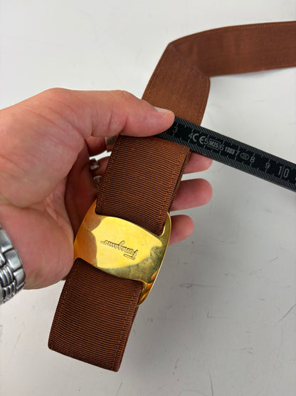 Vintage Ferragamo Grosgrain Leather Trim Belt Brown Gold