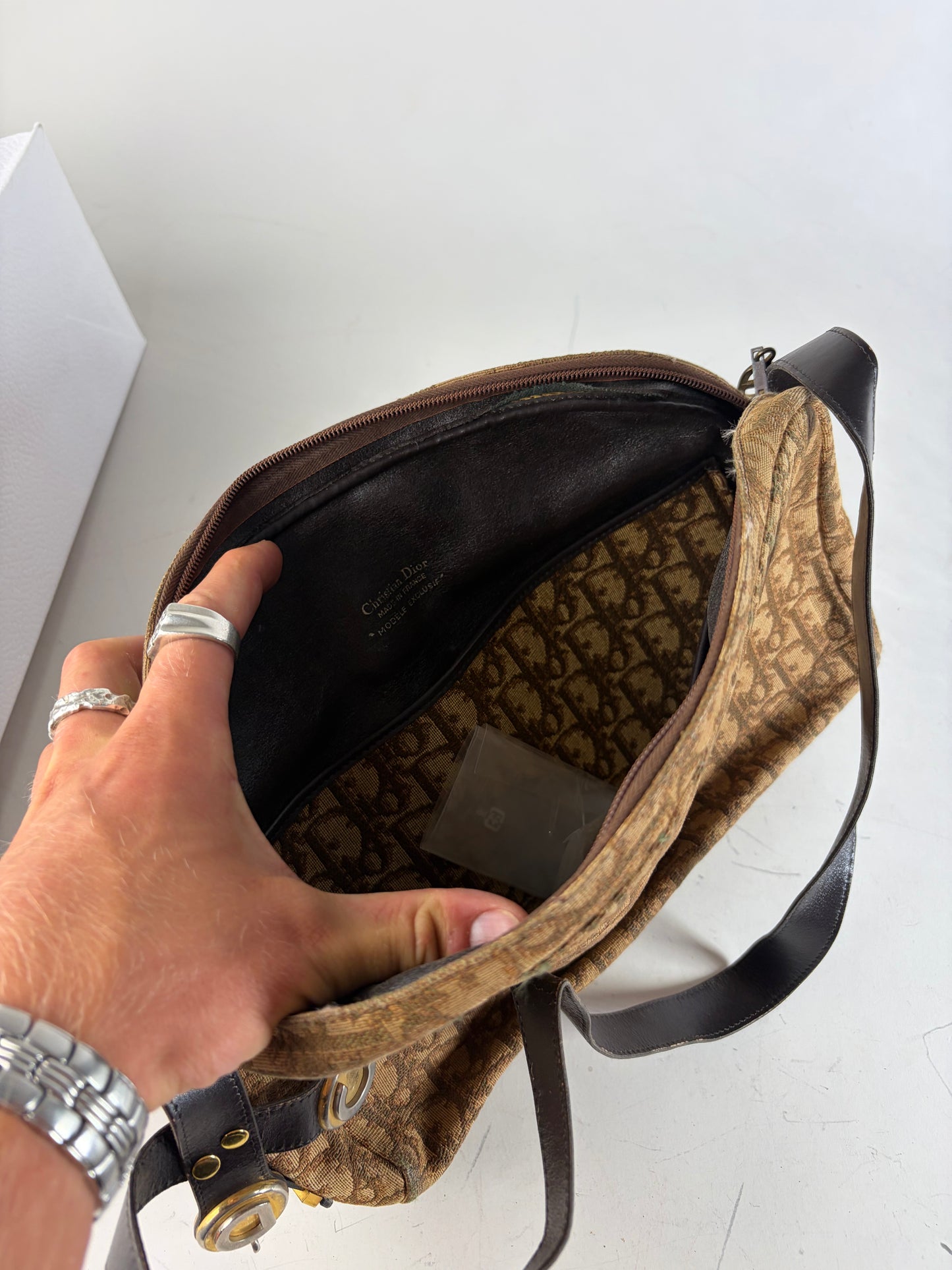 Vintage Dior Monogram Canvas Shoulder Bag Brown Beige