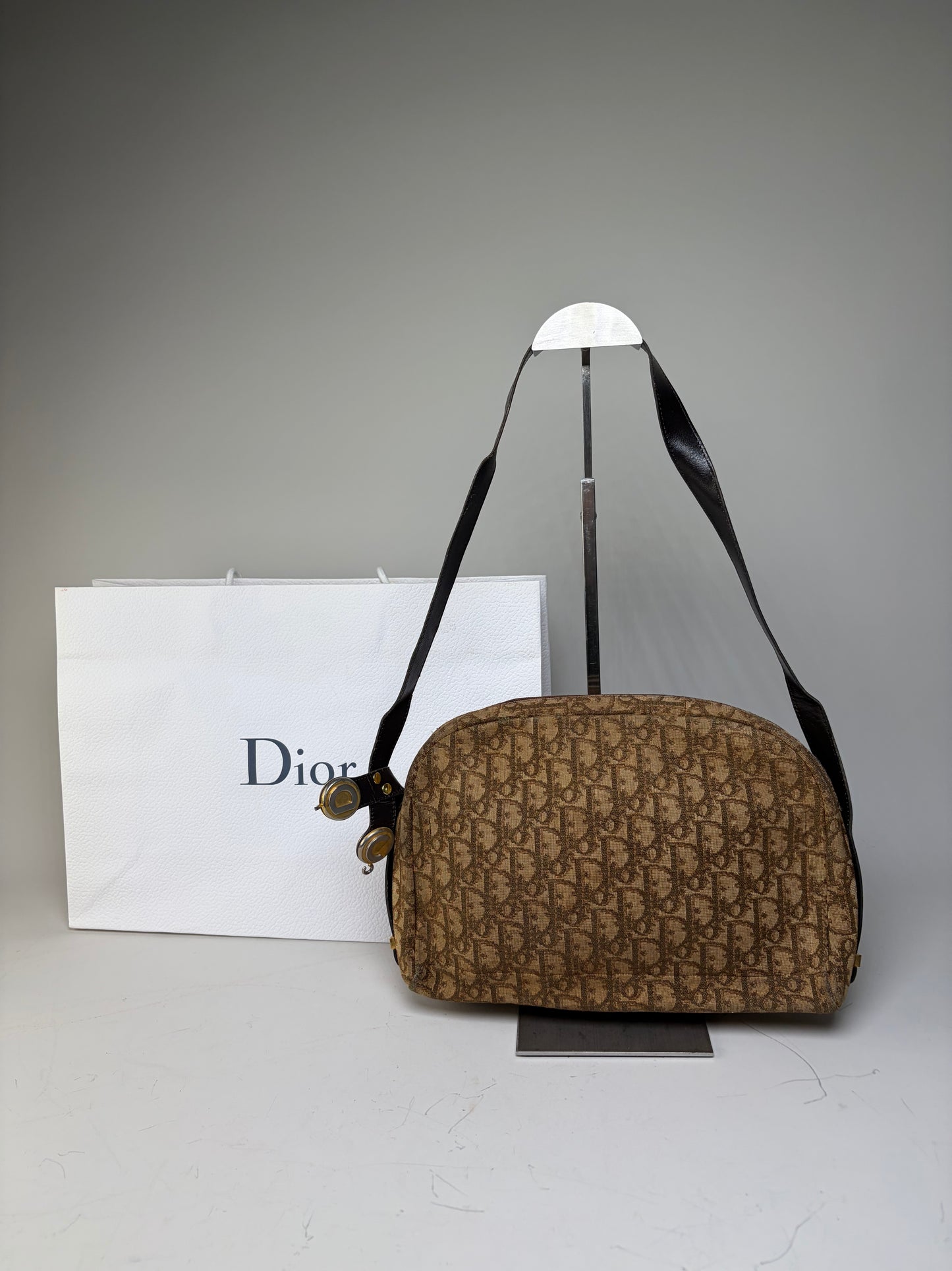 Vintage Dior Monogram Canvas Shoulder Bag Brown Beige